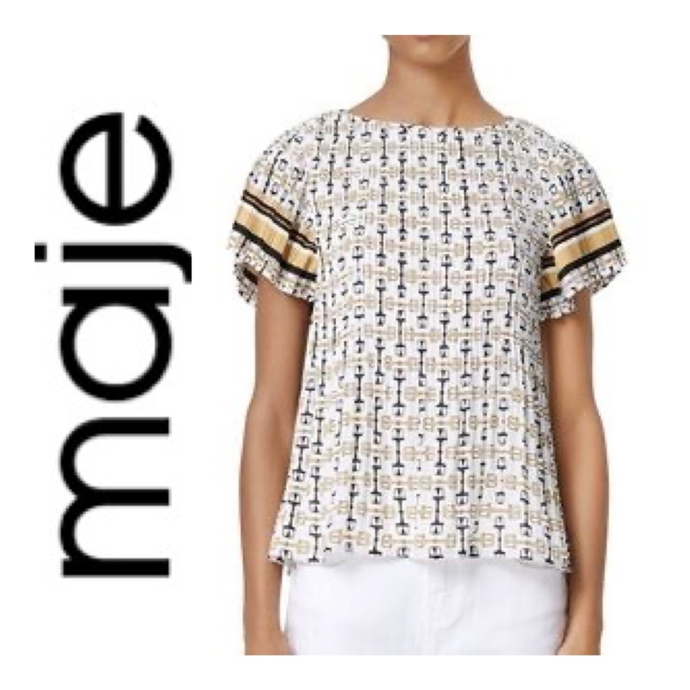 MAJE LOLINA PLEATED PRINTED CREPE TOP IN WHITE / BLACK Size 1/ Small
